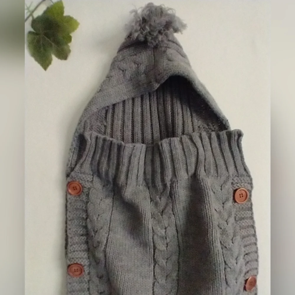 Newborn Baby Swaddle Blanket Knit Classic Preppy Cozy With Hood Gray - Picture 2 of 10